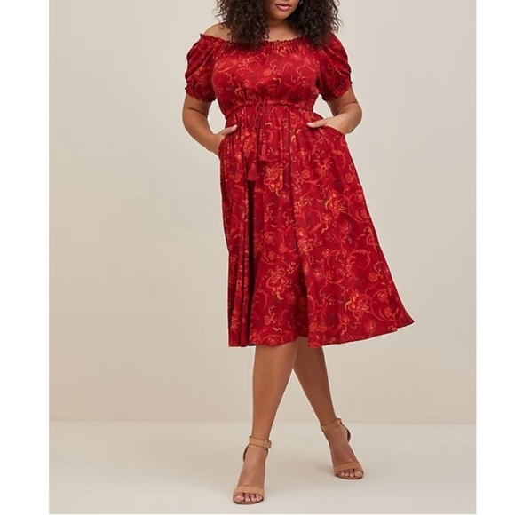 TORRID NWT MIDI RAYON TWILL OFF SHOULDER PEASANT DRESS - Picture 2 of 6